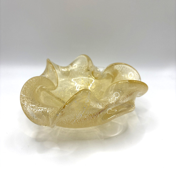 Murano Other - Vintage Murano Glass Ashtray Bowl Clear Gold Aventurine Flecks Hand Blown Italy